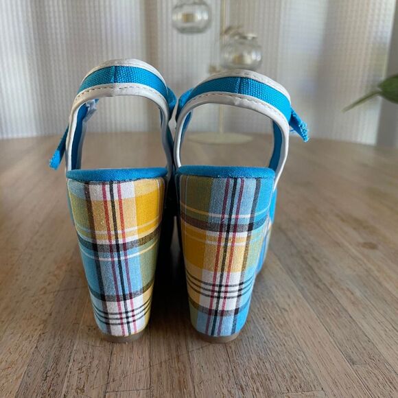 Vintage Y2K Blue Plaid Wedge Sandals Slingback Canvas Platform Shoes Size 7.5 - Picture 5 of 8